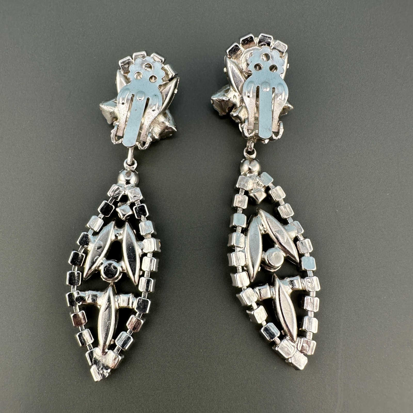 Vintage Rhinestone Earrings Chandelier Drop Clip On Statement Bridal Art Deco