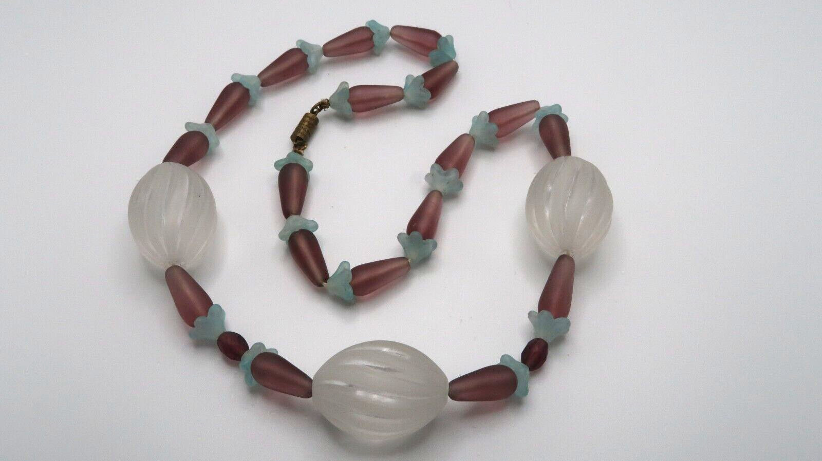 Antique Purple and Blue Glass Floral Bead Necklace Brass Clasp 17″ NB9