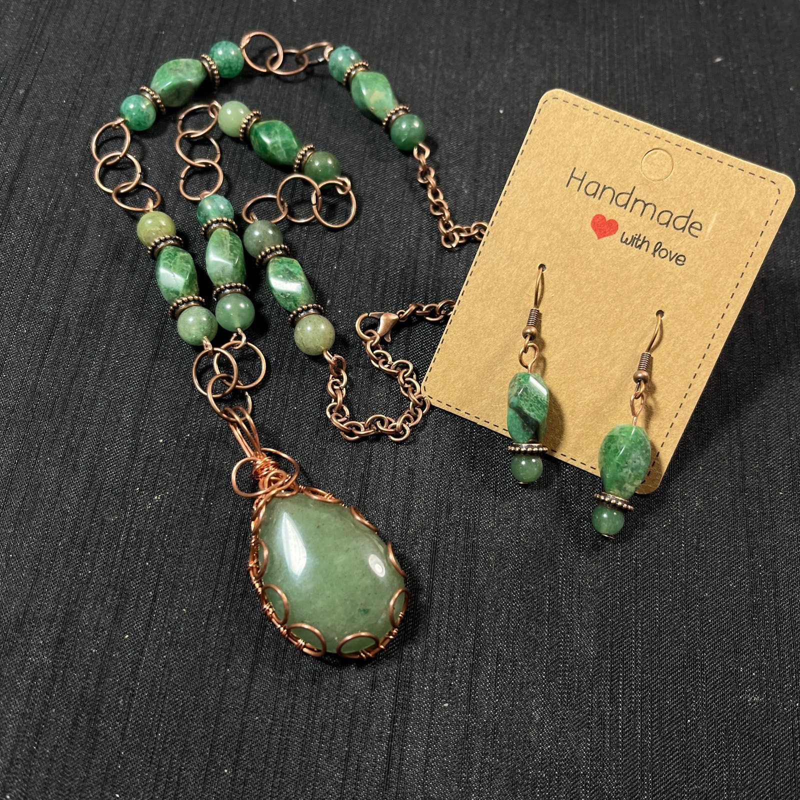 Aventurine Teardrop 1 1/4″ Cabochon Necklace Pendant Earrings 20″ Copper Bezel