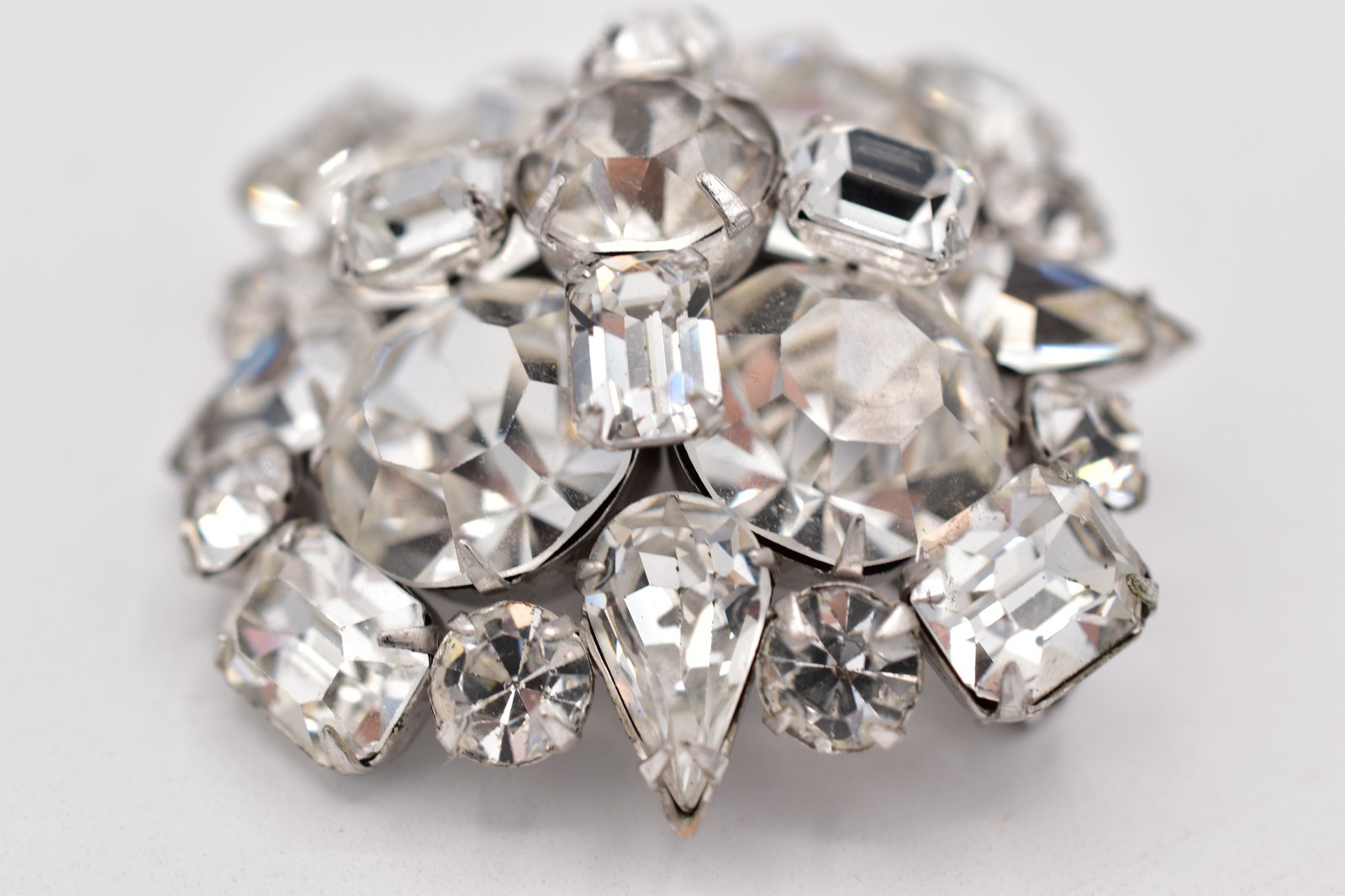 Vintage Clear Rhinestone Cluster Brooch Pin Silver Prong Baguette Crystal BinBP