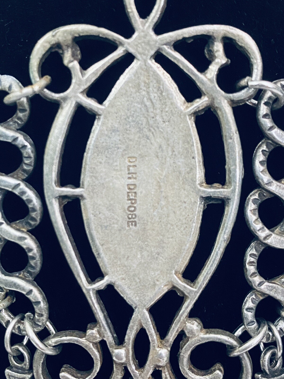 Vintage French DLH DEPOSE Necklace Bib Statement Pewter Purple 14.5″ Costume