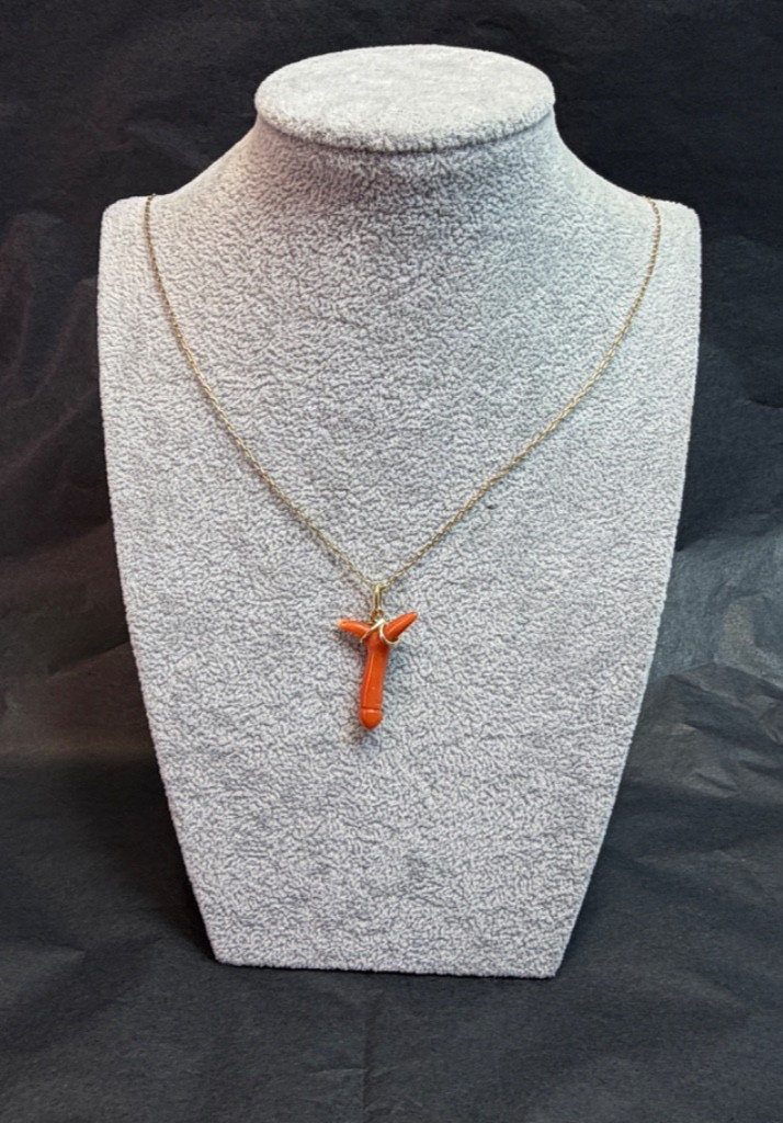 19c. Victorian 14k Gold Red Undyed Coral Phallus Fertility Amulet Fob Pendant
