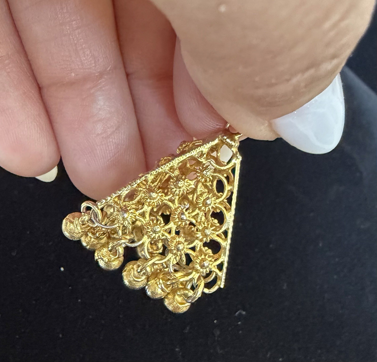 Gold Tone Filigree Dangle Pendant Boho Ethnic Tribal Charm w/ Bead Fringe