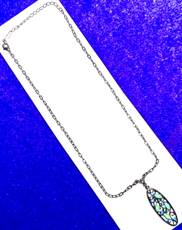 VINTAGE🇺🇸1928 SECRET GARDEN BLUE+IRIDESCENT GREEN AUSTRIAN CRYST NECKLC VG✨VTG