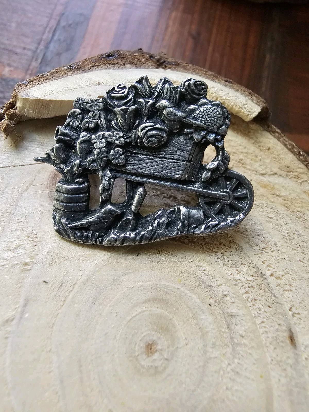 Birds & Blooms 2001 Limited Ed Wheelbarrow Flowers Rose Signed Pewter Brooch