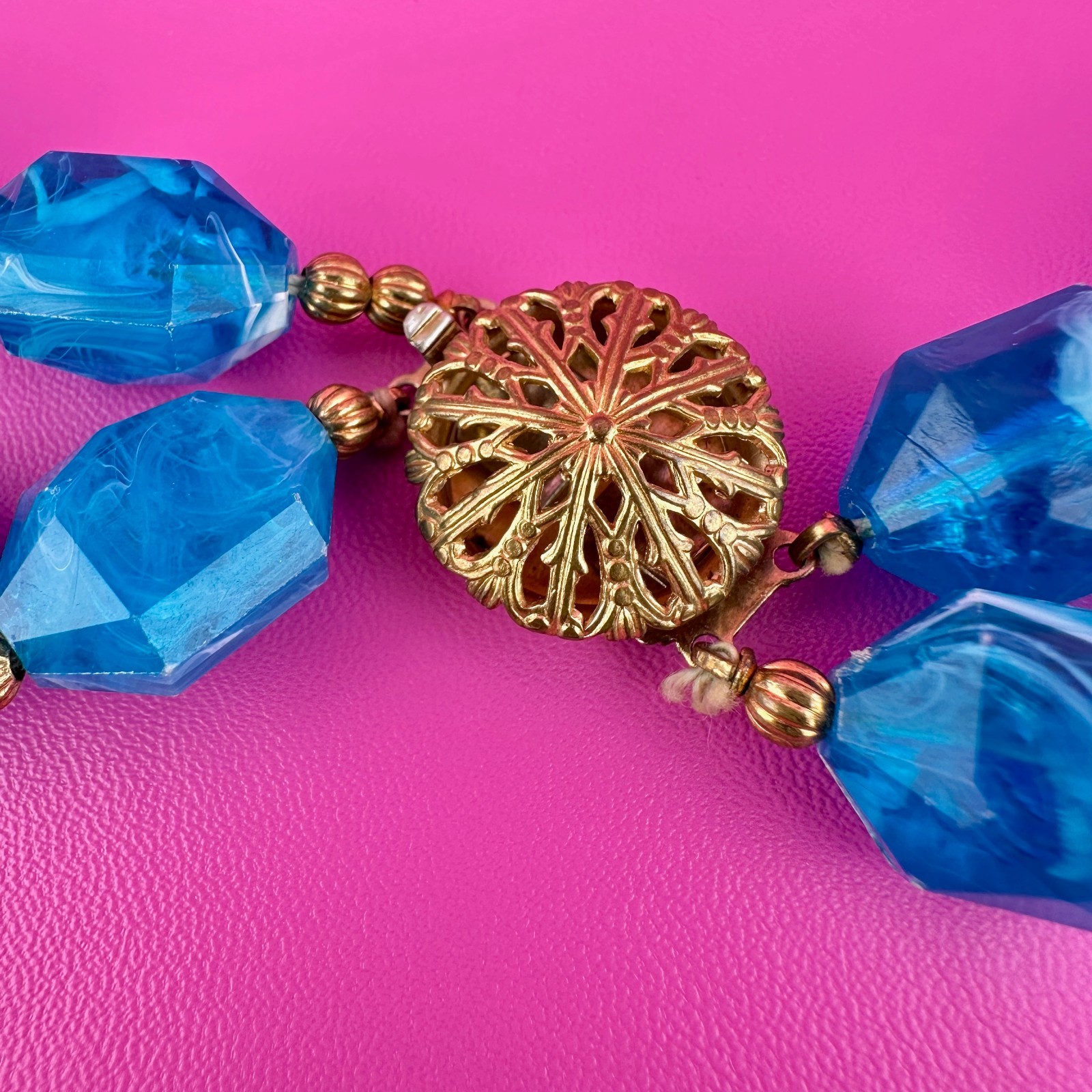 Vintage Necklace Aqua Blue Marbled Acrylic 2 Strand Filigree Clasp Faceted Bead