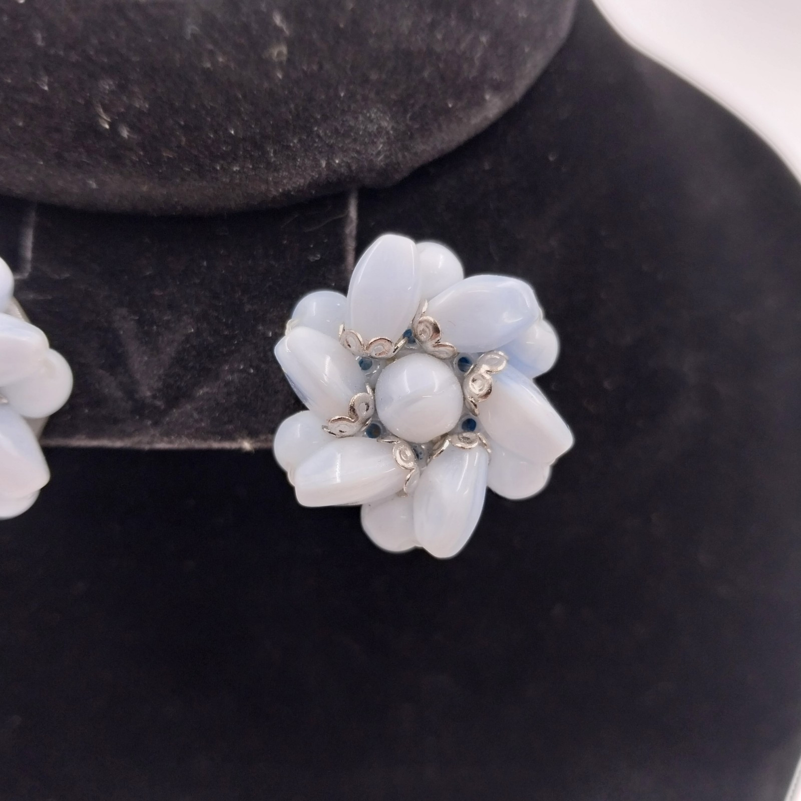White Oval And Round Beaded with Silver Tone in Flower Shape Push Back Earrings