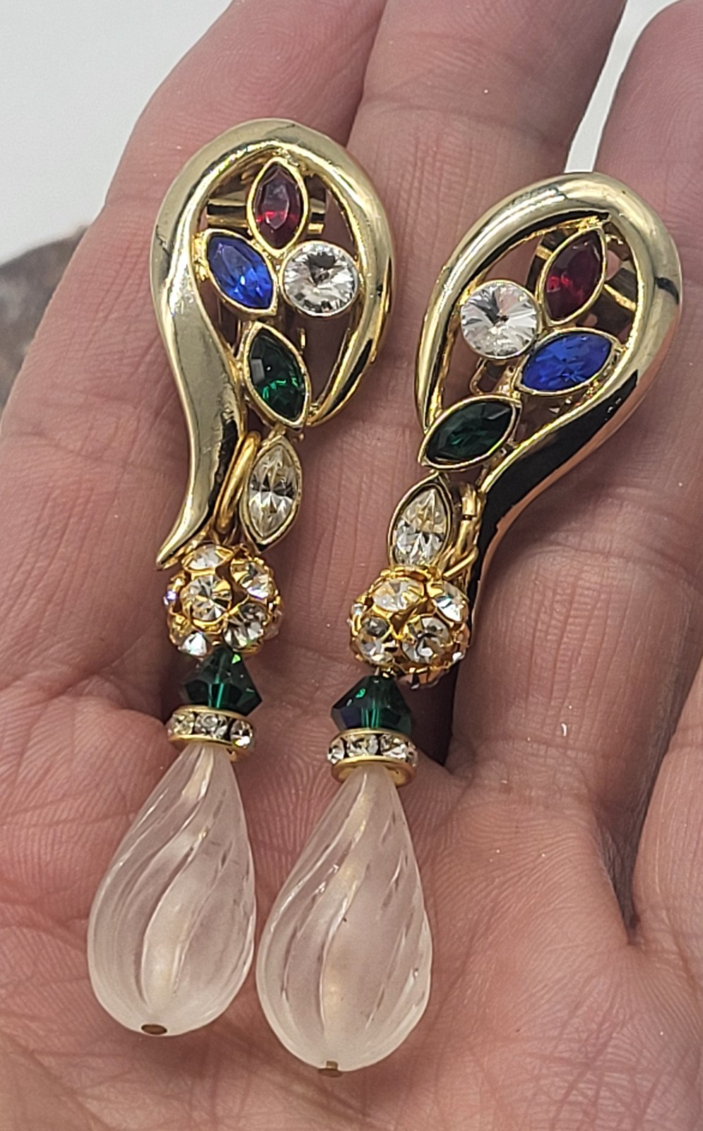Vintage 3″ costume clip on earrings, Gripoix Glass, dangling frosted glass beads
