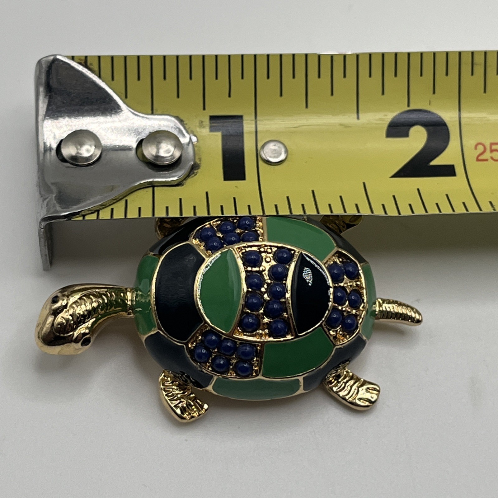 Vintage Enamel Turtle Brooch Gold Tone Green Blue Statement Piece Pin