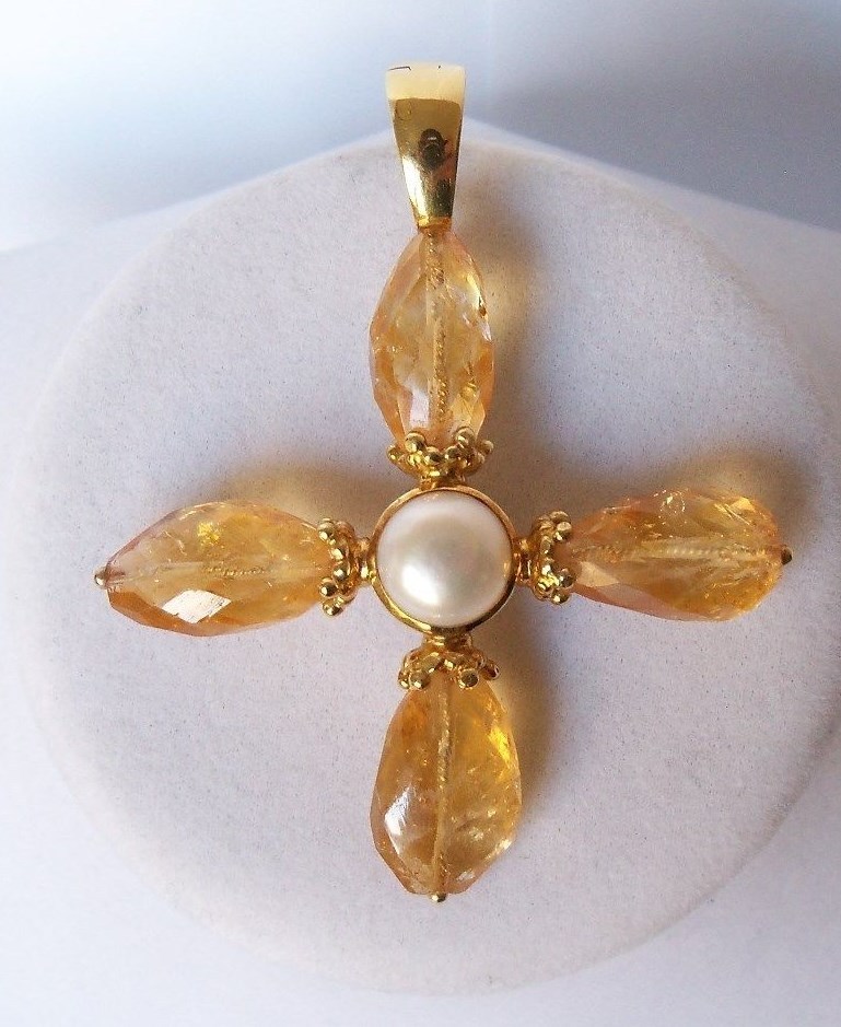 Vintage Mazza MAZ 18k Gold Citrine Pearl Cross Pendant Large Signed 21.4g