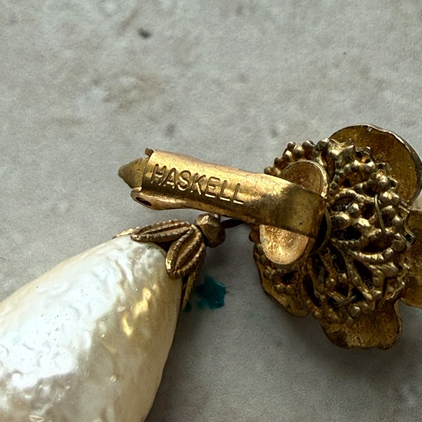 Vtg Signed Miriam Haskell Flower Pearl Drop Earrings Brass Clip Ons