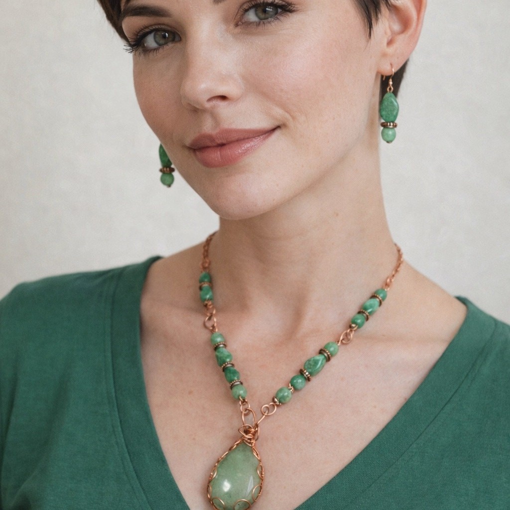 Aventurine Teardrop 1 1/4″ Cabochon Necklace Pendant Earrings 20″ Copper Bezel