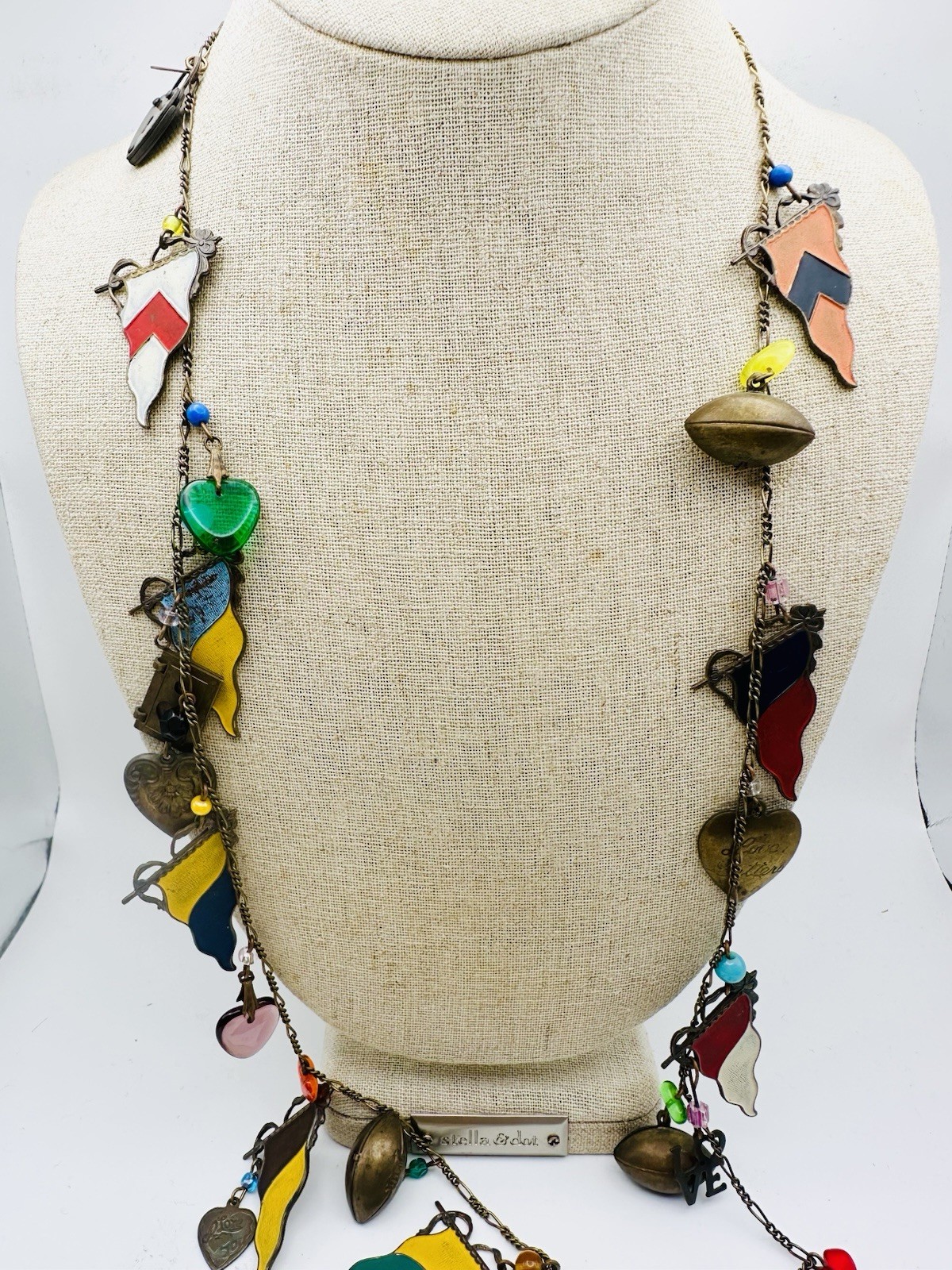 Vintage Glass Works Studio Flag Motifs Heart Glass Charms Multi Colors Necklace