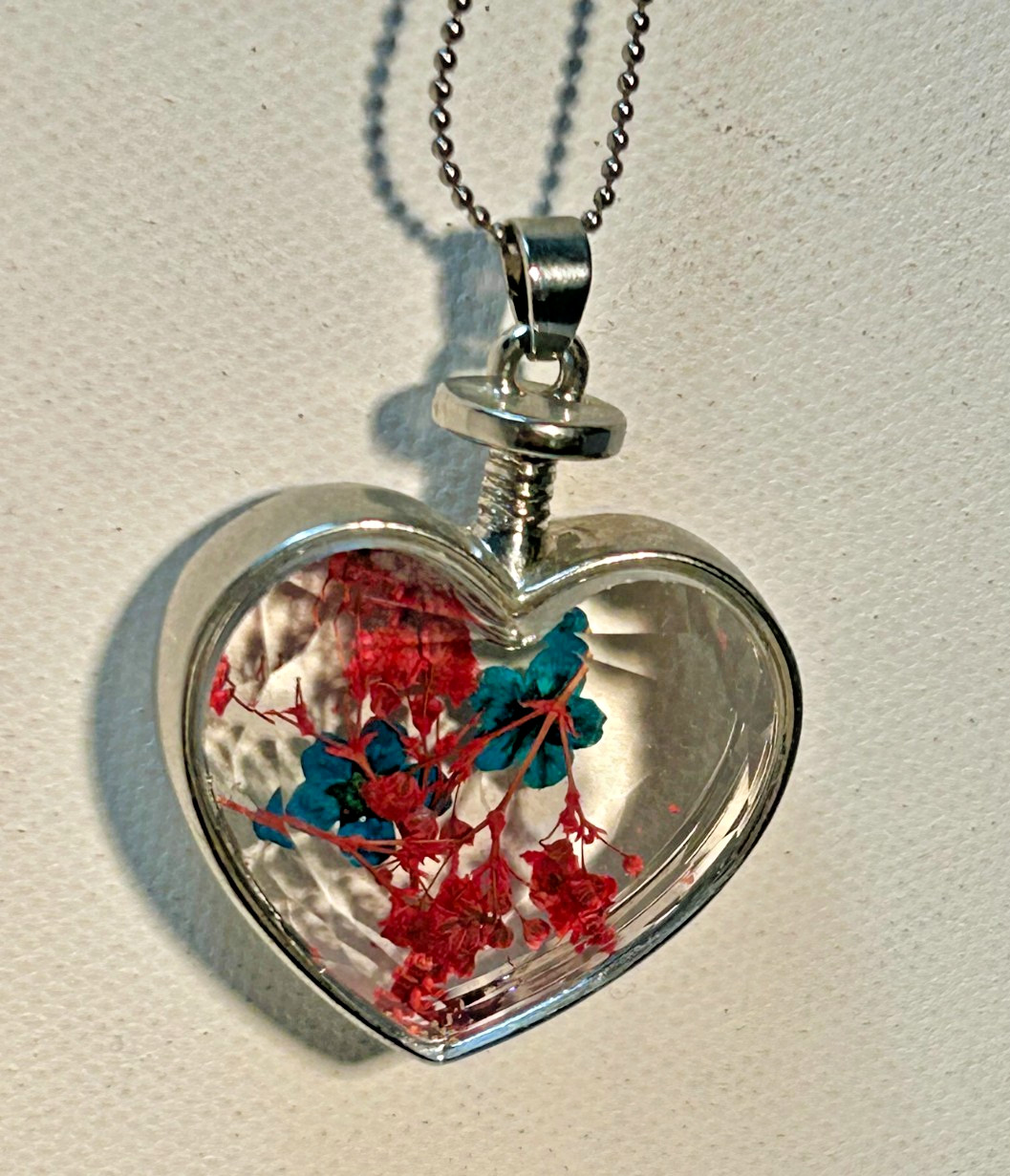Vintage Heart Pendant Necklace Blue and Red Pressed Flowers