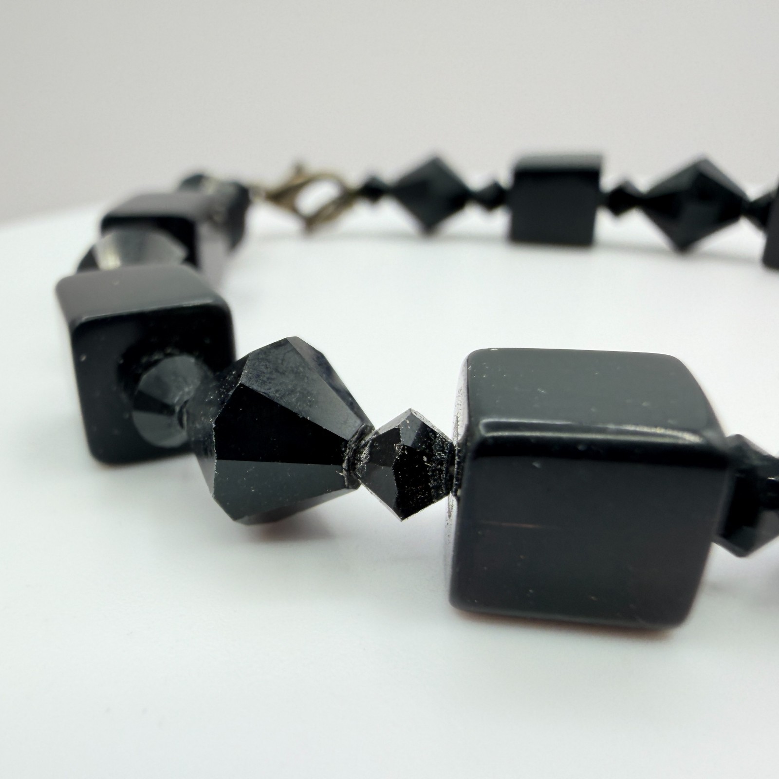 Vintage Black Beaded Bracelet Dangle Earrings Set Gunmetal Tone Geometric Goth