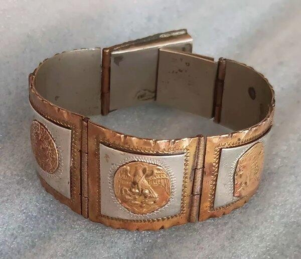 Vintage Mexico Sterling Silver Copper Panel Bracelet Mayan Calender Mixed Metal