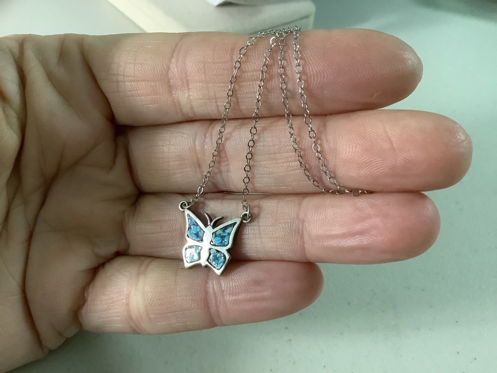 Vintage 80’s sterling silver 925 turquoise chip inlay butterfly pendant necklace