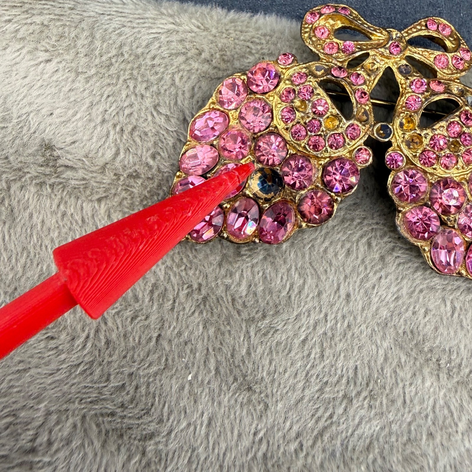 Vintage Pot Metal Rhinestone Brooch Pink Grapes Flowers Bow Gold Tone READ