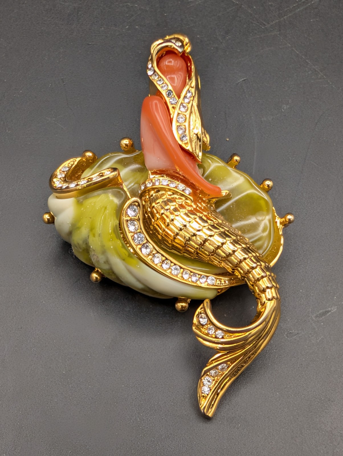 Vintage Hattie Carnegie Mermaid Gold Tone Green Orange Rhinestone 1960s Brooch