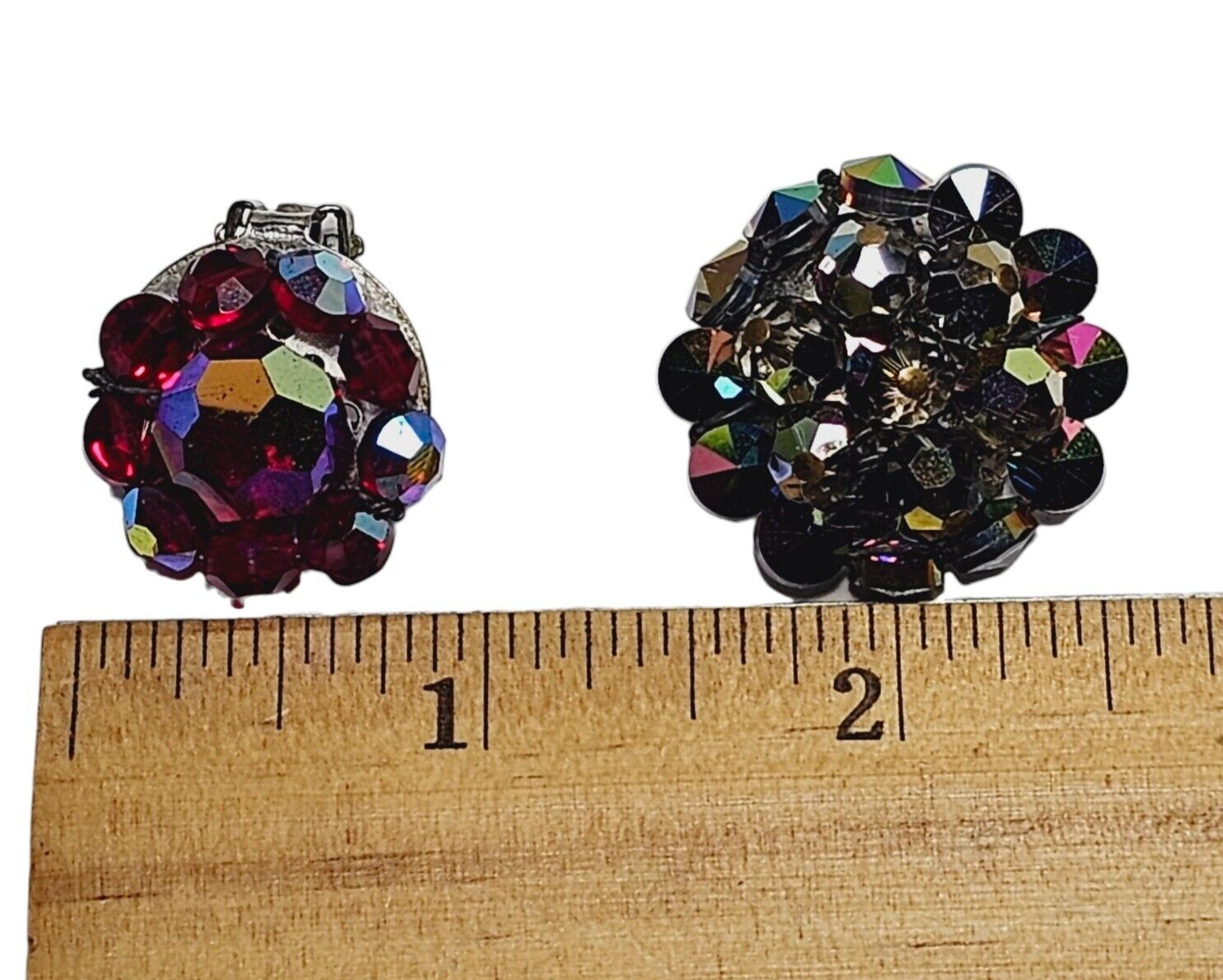 2 Pairs Vtg Aurora Borealis Iridescent Crystal Bead Cluster Clip Earrings 1 Red