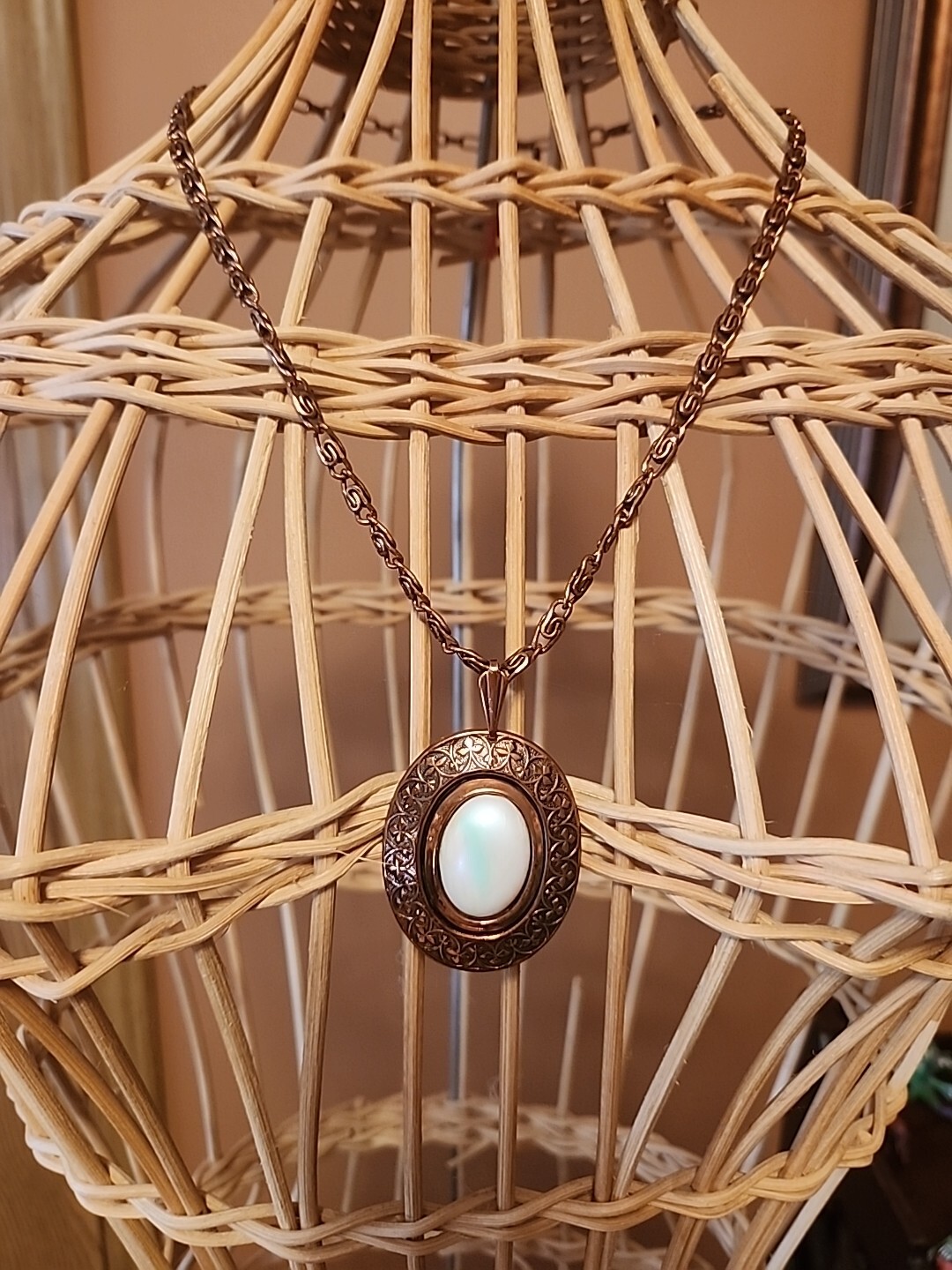 Vintage Genuine Copper 22″ Paper Link Chain Necklace Stone Resin Pendant 44G