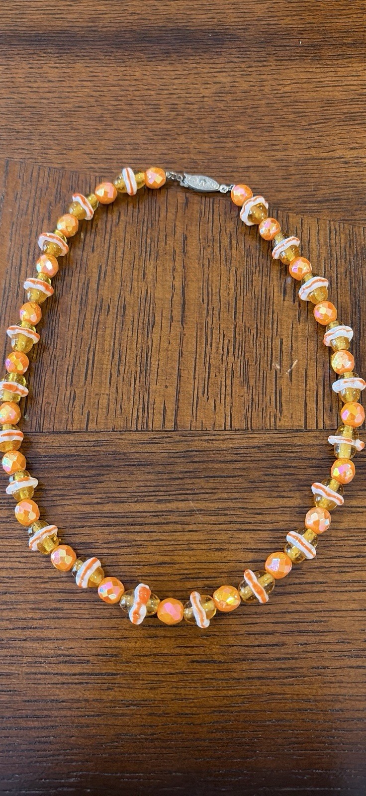 Vintage Unusual Hand Knotted Glass Bead Necklace Orange Saturn Shape Beads