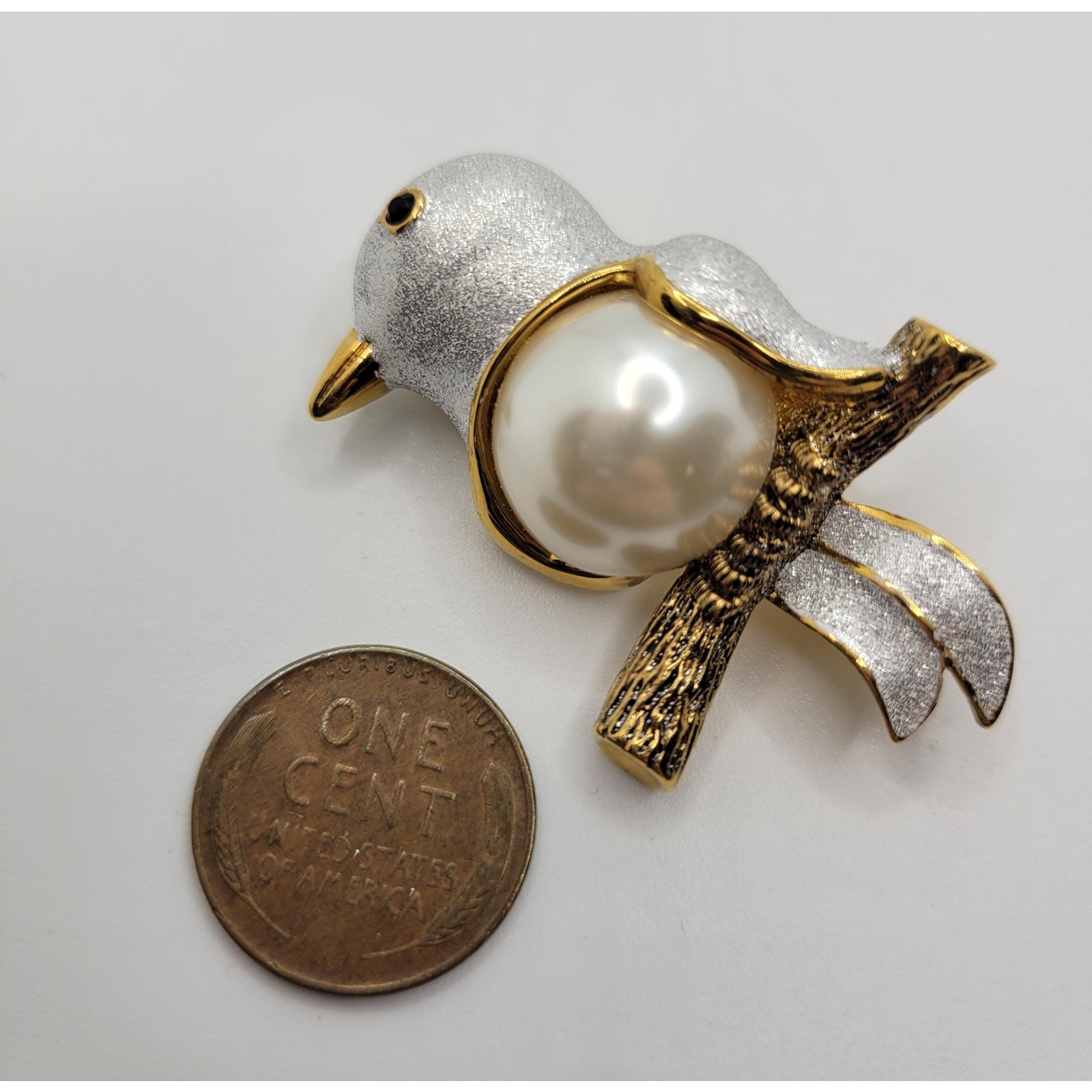 Vintage Butler Style Bird Pin Faux Pearl Belly Cabochon Figural 1980s Brooch