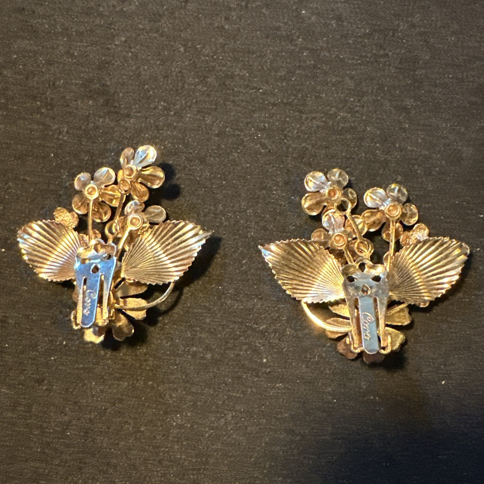 Vintage MCM Coro Clip On Earrings Gold Tone Floral Cluster Faux Pearl Rhinestone
