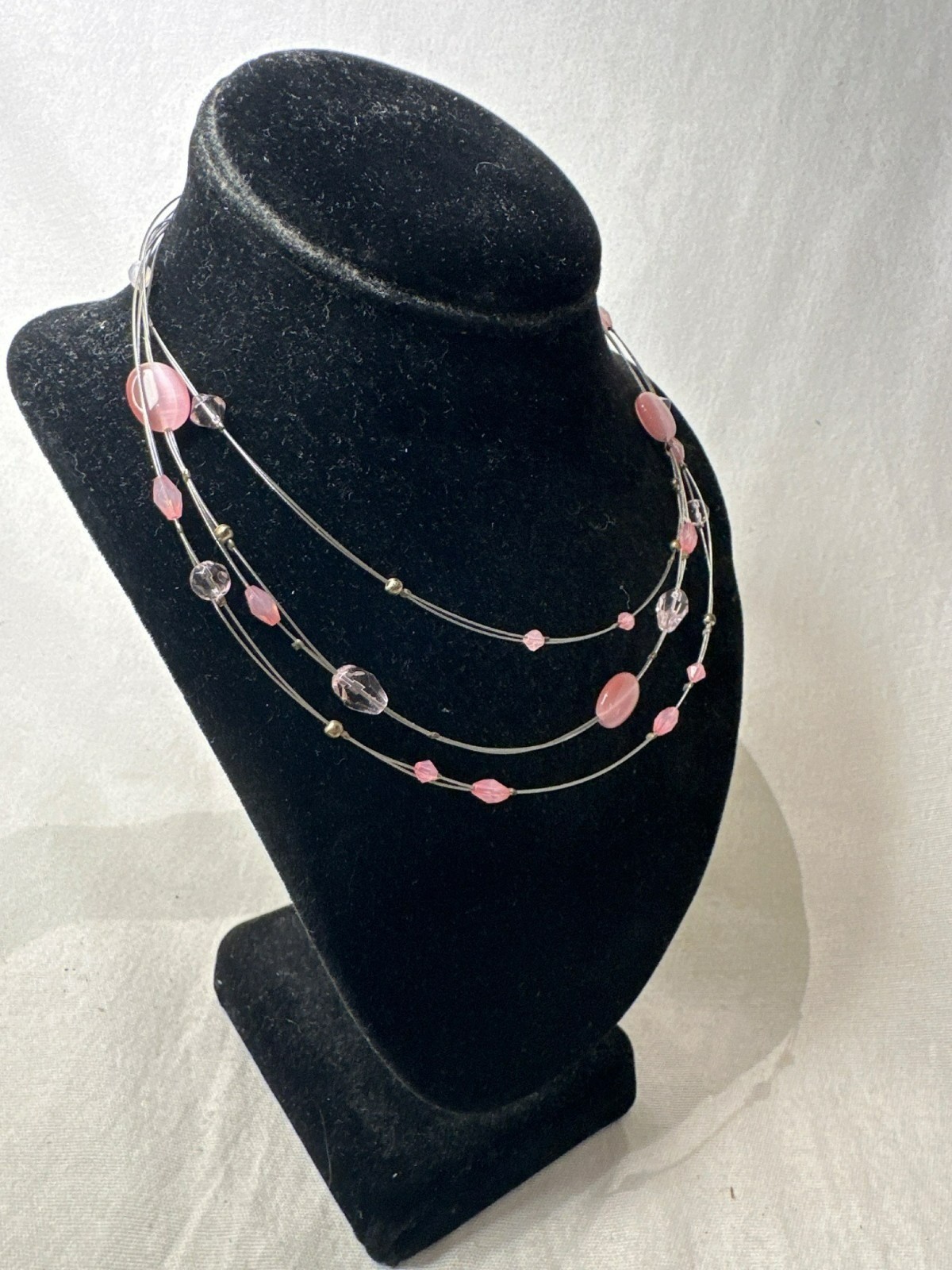 Multi Strand Pink Beaded Necklace Wire Wrap Romantic Layered Design Fairy Kei