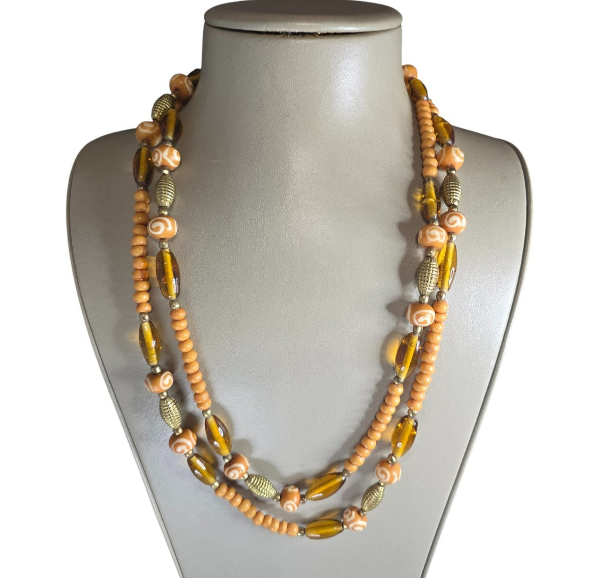 Vintage Women’s Gold Tone Beaded Tan Brown Long Necklace 50″ No Clasp