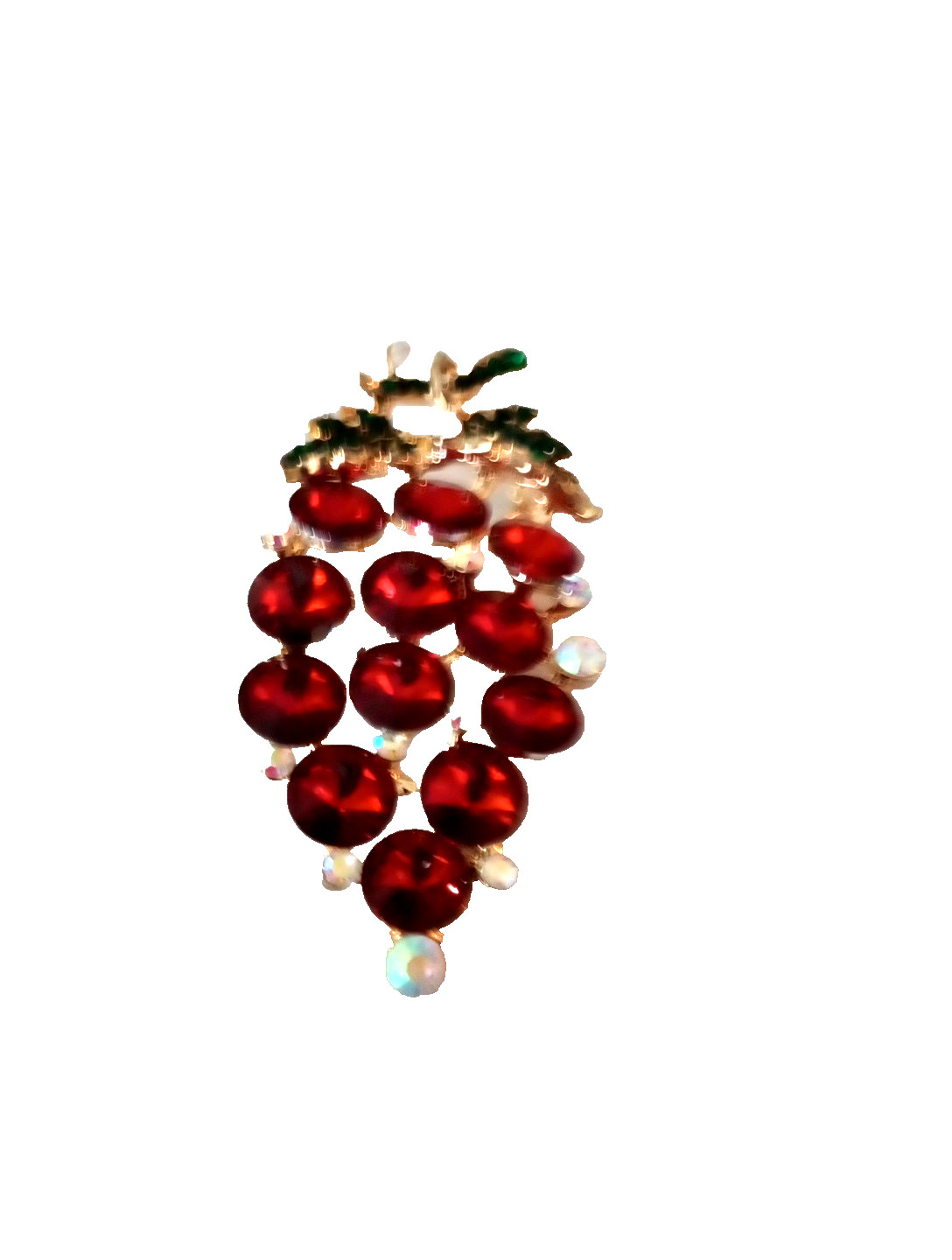 Vintage Red Crystal Brooch Grape Cluster Green Leaves 80s NOS Large 3 1/4 In