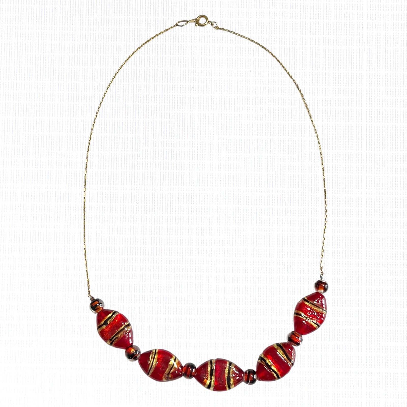 Vintage Art Glass Beaded Necklace Red Oval Gold Tone Foil Striped Handmade