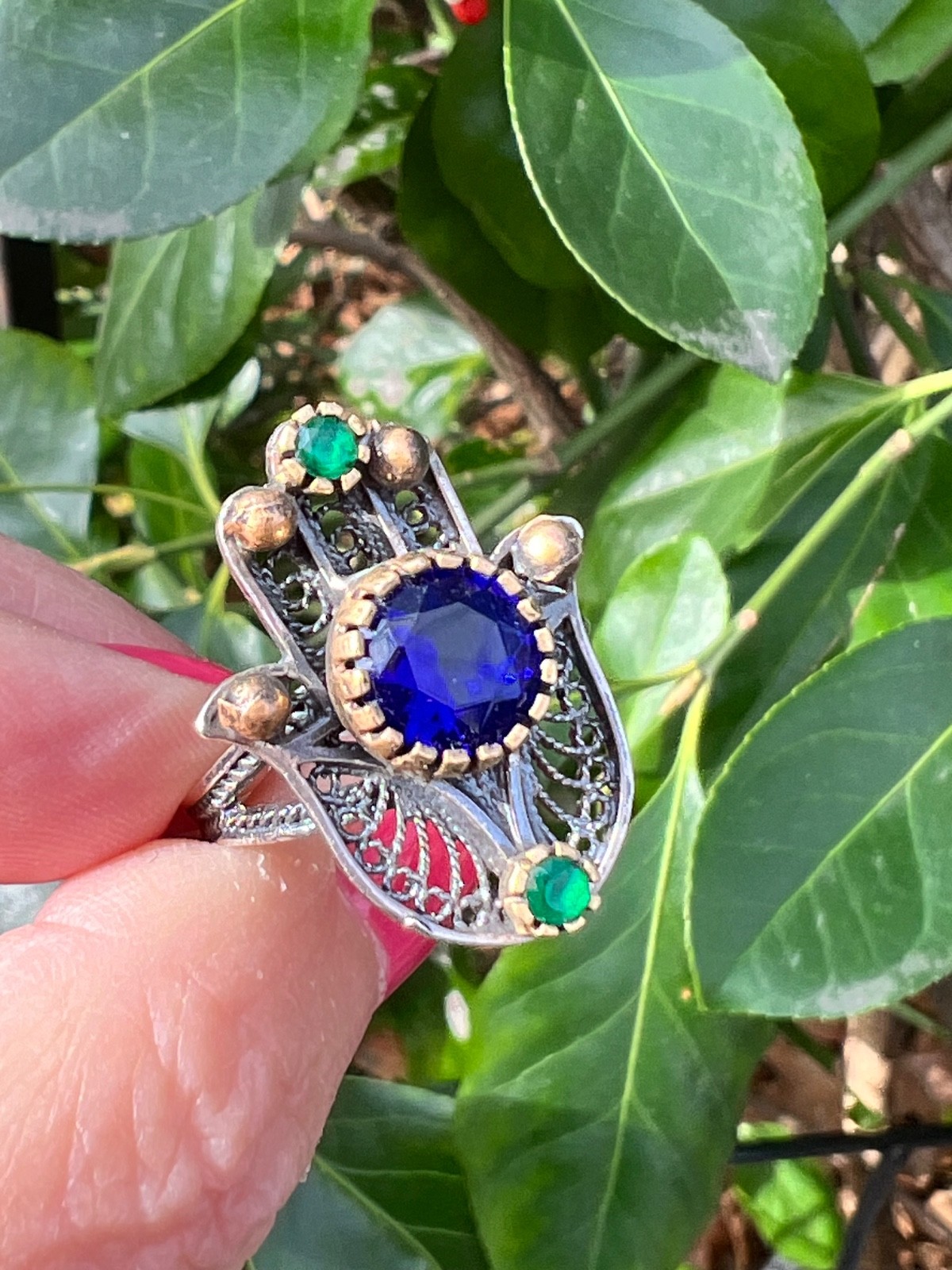 VINTAGE HAMSA VIVID BLUE GREEN PASTE GLASS STONES 925 STERLING SILVER UNIQUE