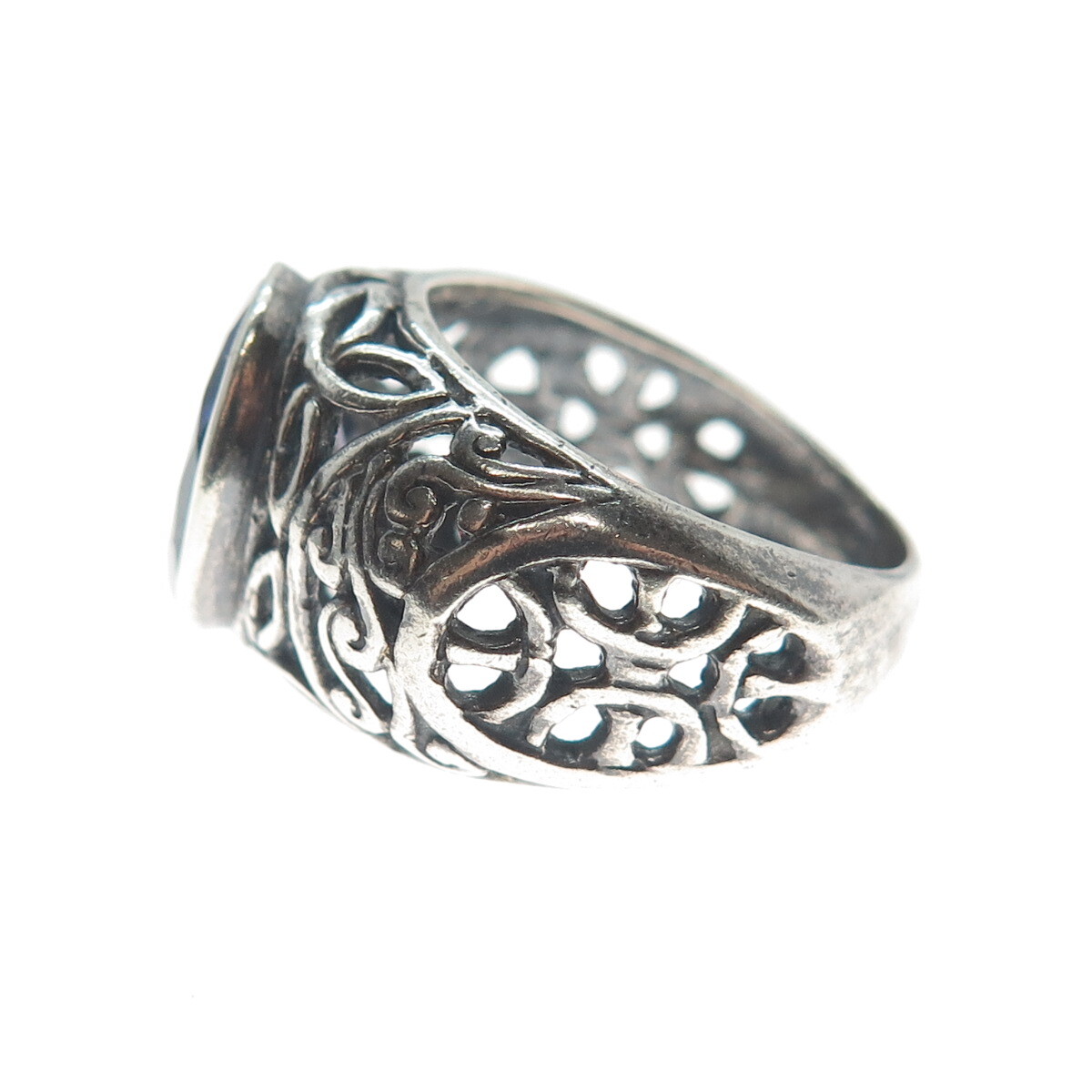 925 Sterling Silver Vintage Real Iolite Gemstone Ornate Oxidized Ring Size 6