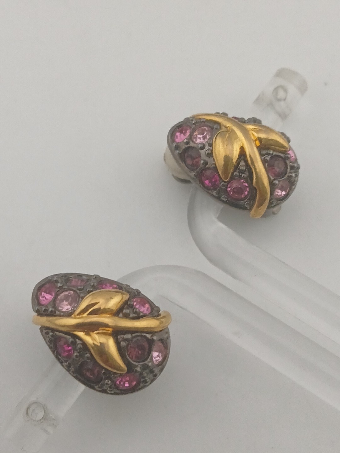 Joan Rivers Midnight Garden Egg gunmetal pink purple gold tone clip earrings