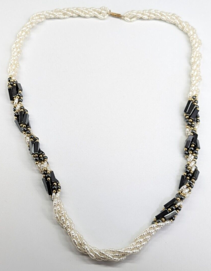 Vtg Rice Pearl & Hematite Multi Strand Twisted Beaded Statement Station Necklace