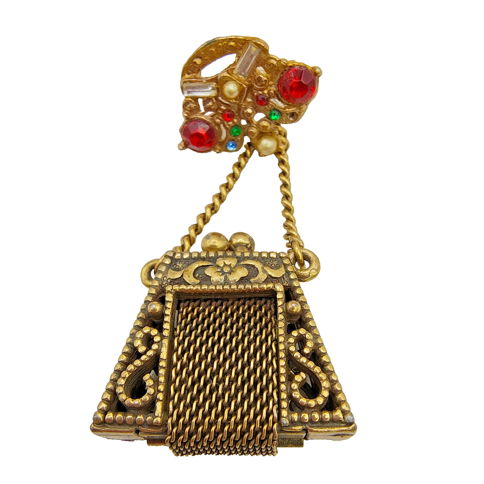 Vintage Purse Pill Box Brooch Pin Gold Tone Chatelaine Multicolor Rhinestone