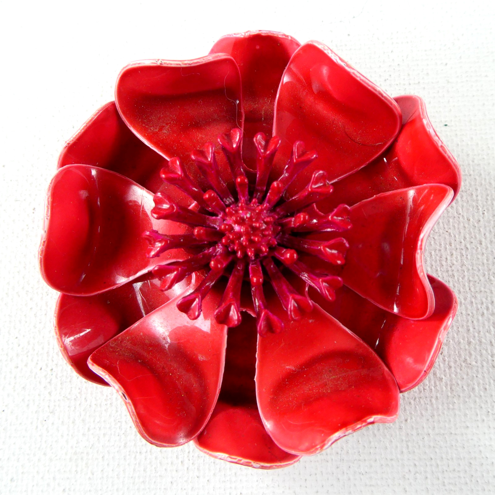 Vintage RED Metal Enamel Flower Pin Brooch Raised Petals Double Layered Retro