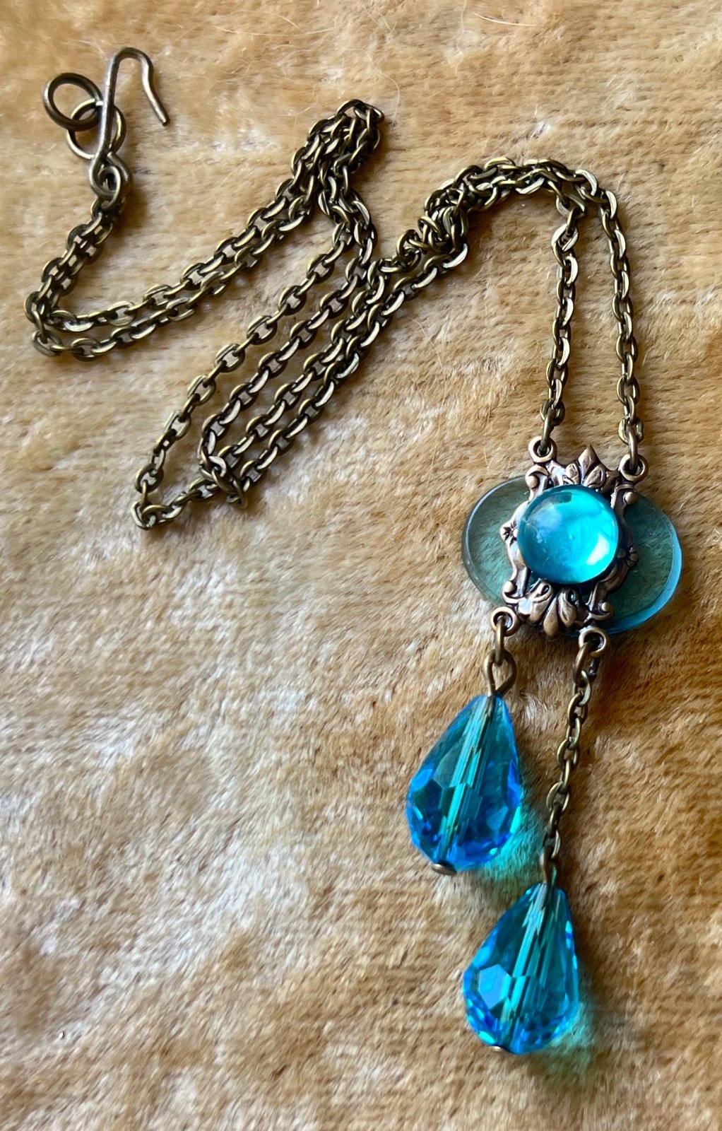 Vintage Necklace Delicate Art Nouveau Brass Pendant Antique Aqua Czech Glass