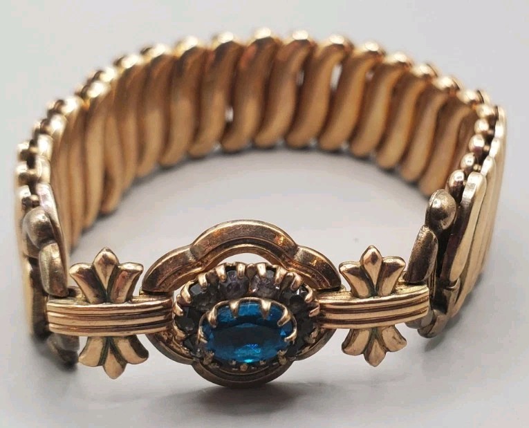 Gold Filled 1947 BOJAR Signed Aqua Blue Glass Sweetheart Expansion Bracelet