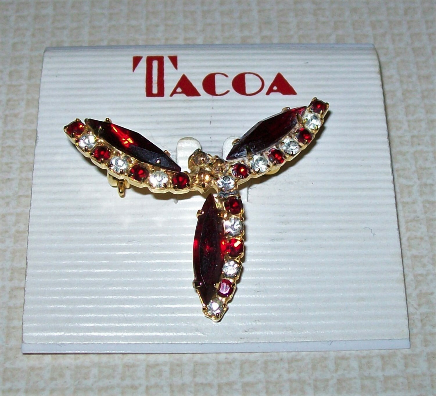 Vintage New on Card Tacoa Gold Tone Metal Red Clear Rhinestone Pin Brooch