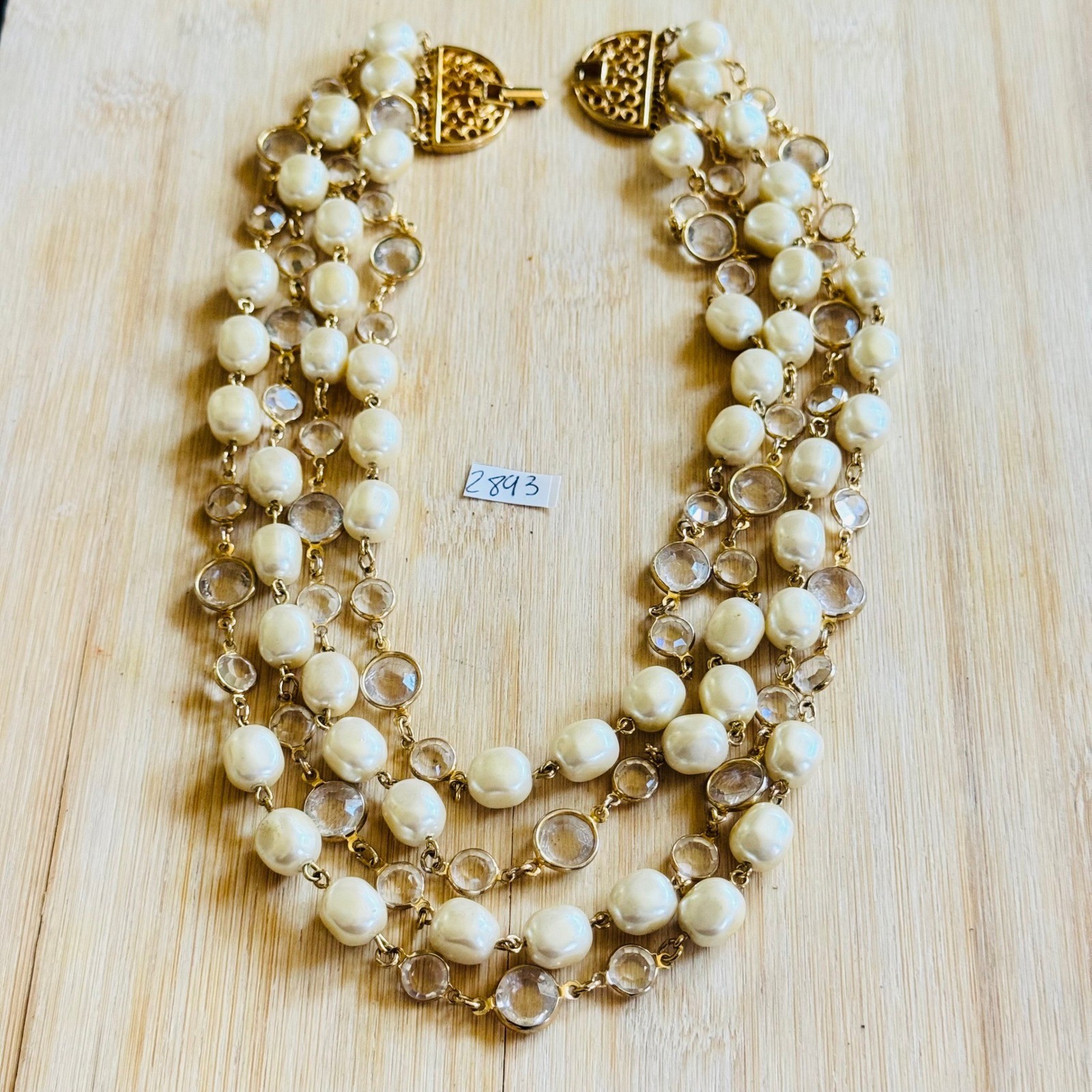 VTG Regal Baroque Pearl Multi Bib Necklace Crystal Acrylic 4 Strand Gold Luxury