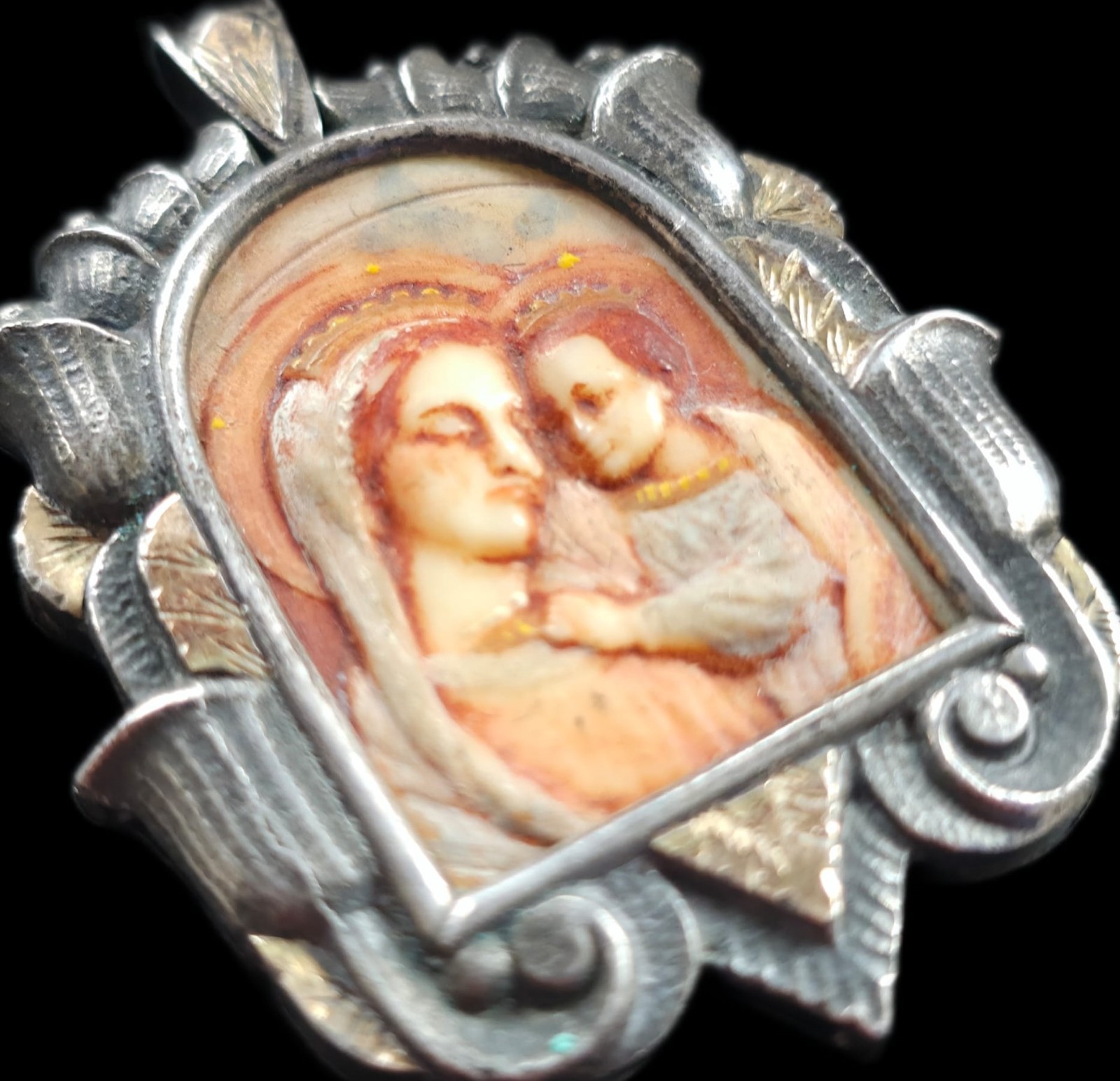 Fine Antique Art Nouveau Silver Gold Madonna Virgin Mary and Jesus Pendant C1900