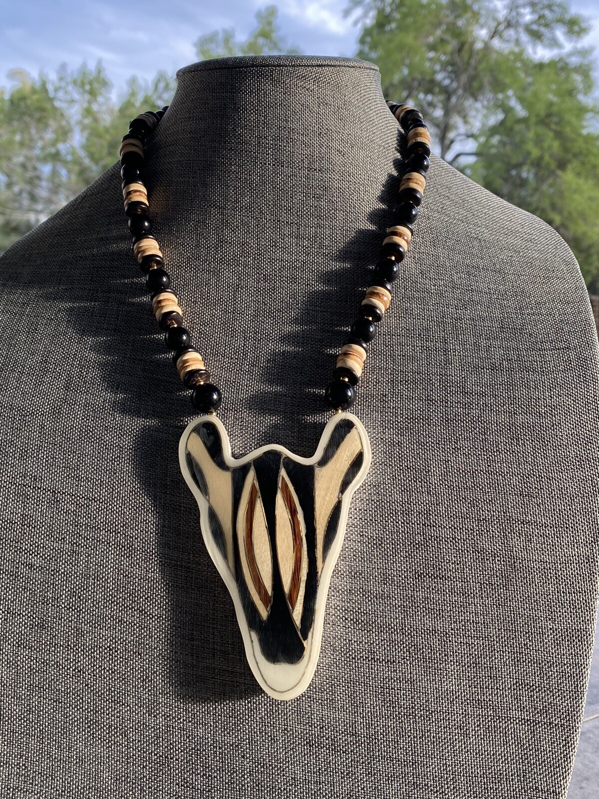 Lee Sands Necklace Zebra Wood Inlaid Beaded Africa Safari VTG Animal Estate