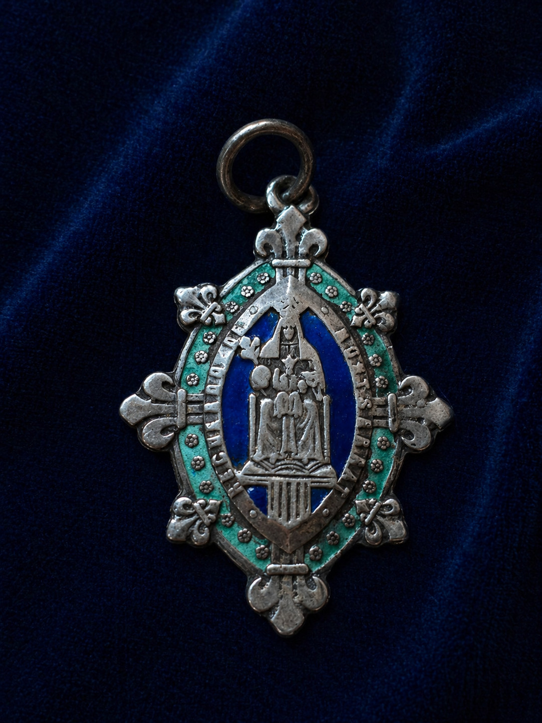 Antique Virgin Mary Silver Enamel Medal Pendant Art Nouveau Gothic 19th Religion