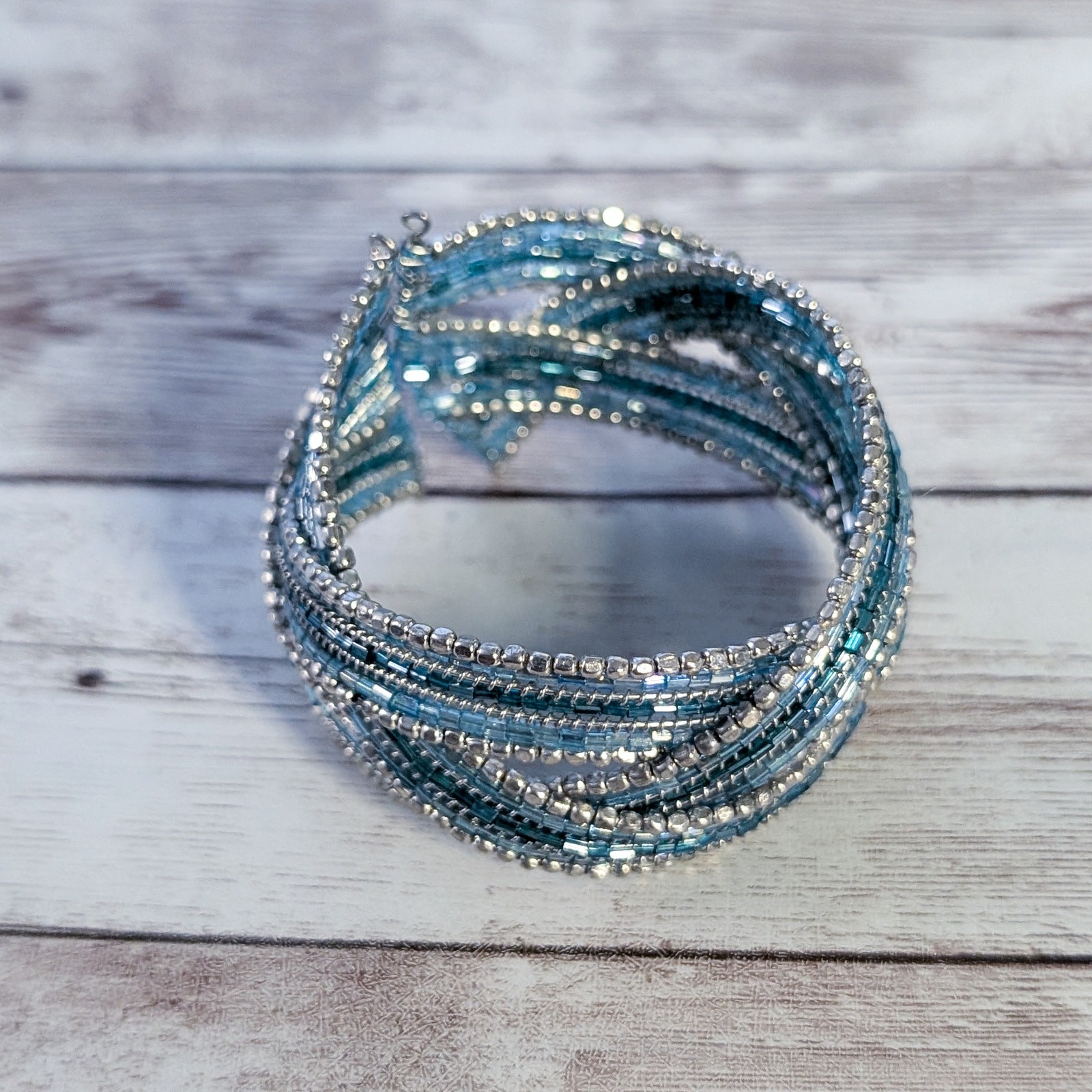 Vintage Bracelet Wide Blue & Silver Tones
