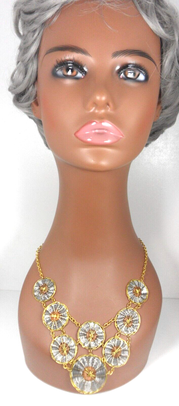 Ethnic Bib Necklace Woven Wire Discs Multi Mixed Metal Copper Shields Medallions