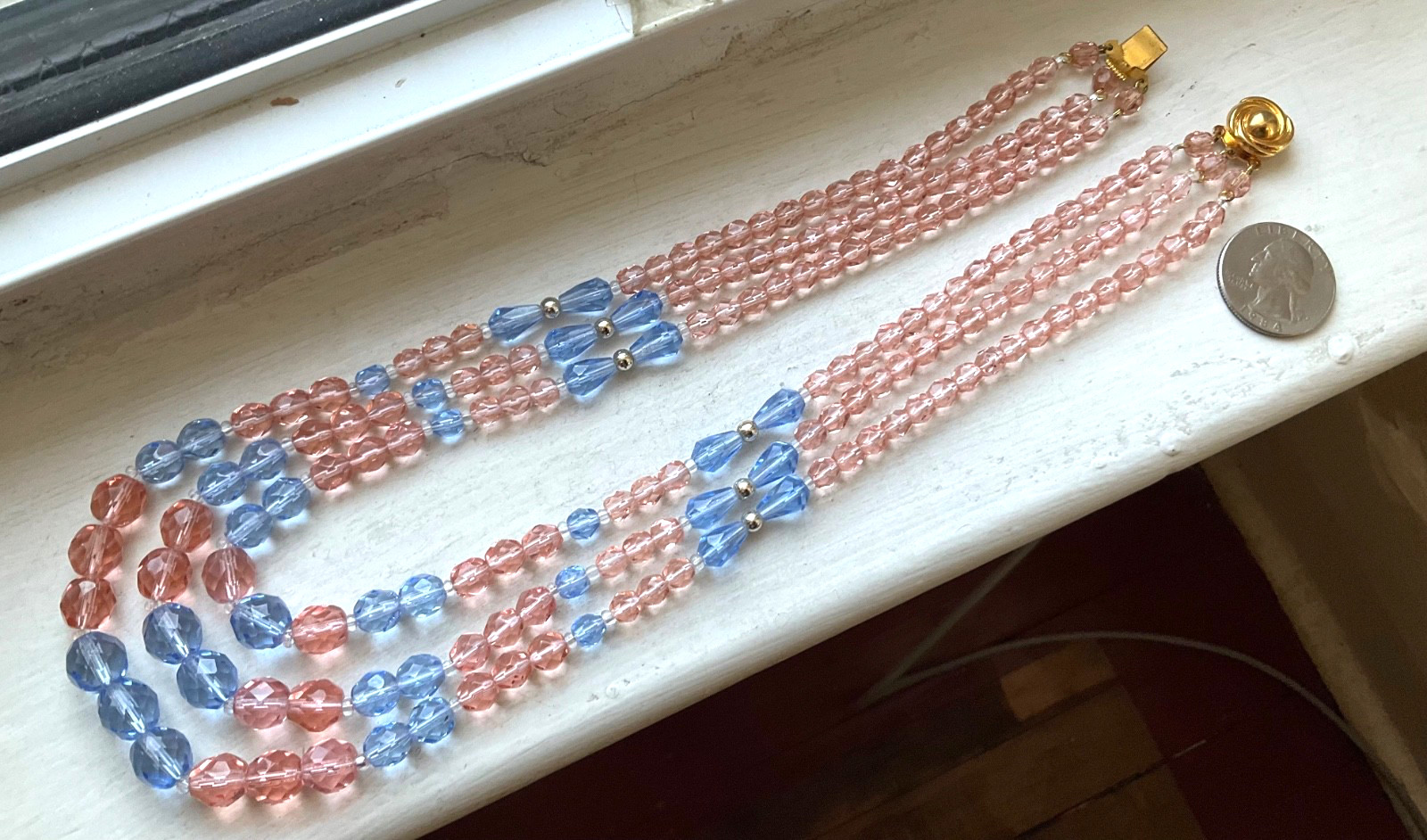 Vintage TRIPLE STRAND AUSTRIAN Blue Pink CRYSTAL GLASS BEADS FACETED