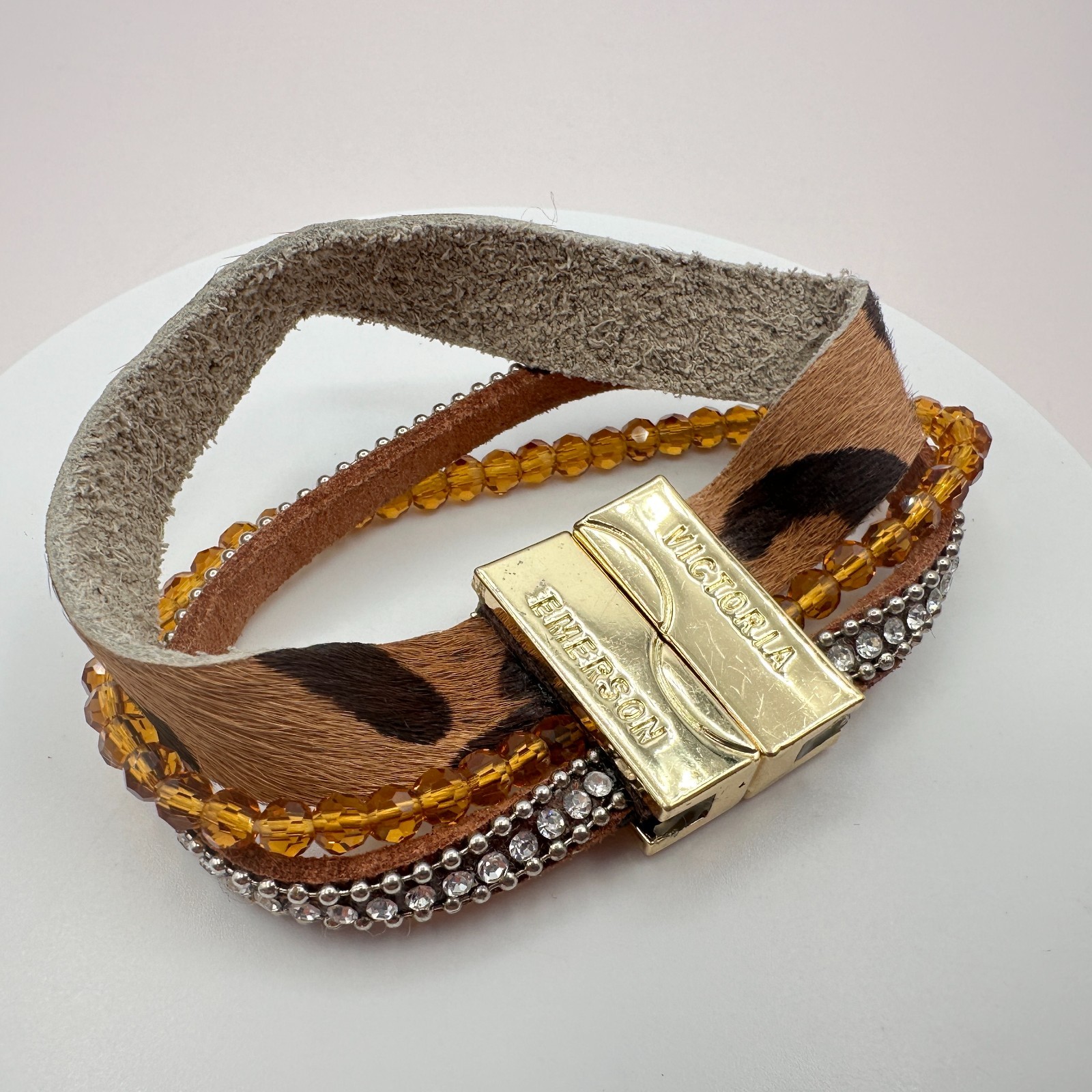 Victoria Emerson Gold Tone Multi Strand Wrap Bracelet Leopard Hair Calf Crystal