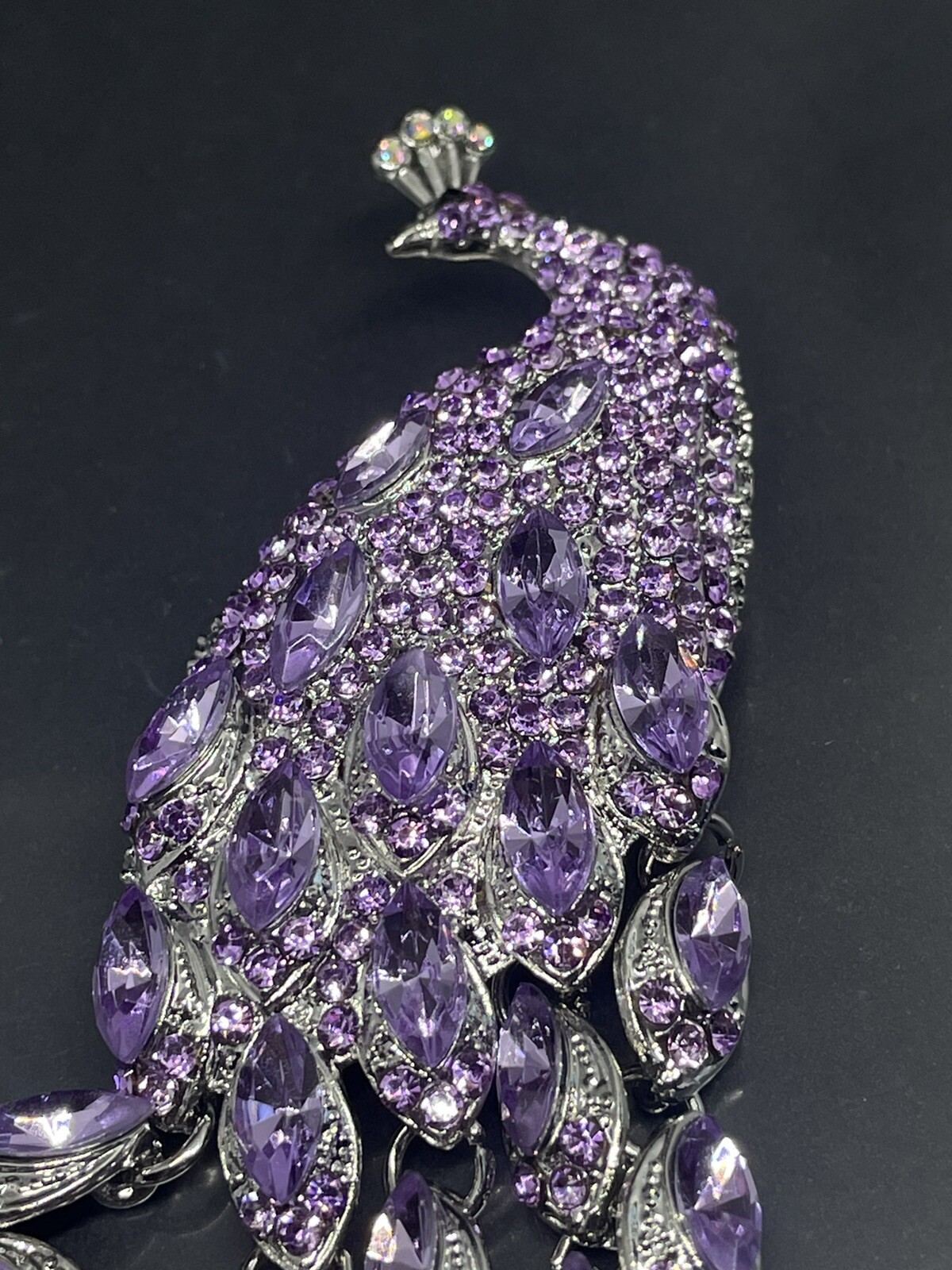 Vintage Peacock SilverTone Purple Rhinestones Crystals 5.5” Pendant Pin Brooch